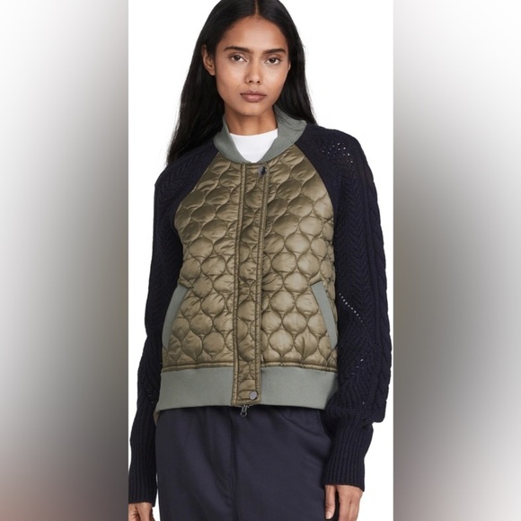 Veronica Beard Marjeti Mixed Media Quilted Bomber Jacket Navy Green S Lambswool - Picture 2 of 9